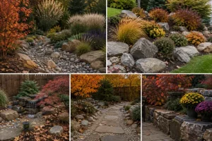 A collection of fall garden designs featuring boulders, river rocks, dry creek beds, stone paths, and colorful plantings, showcasing landscape rocks by Hawkins Landscaping.