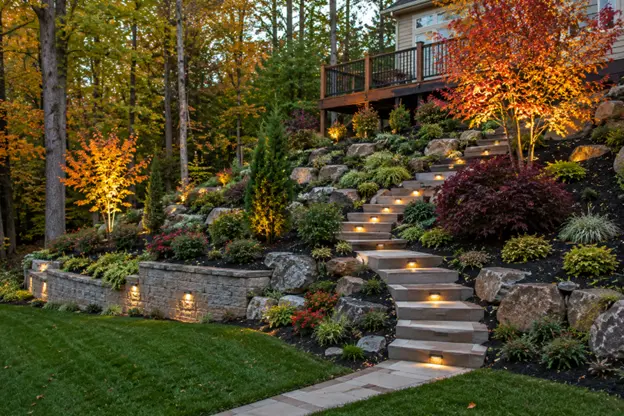 A terraced sloped yard with stone retaining walls, planted garden beds, natural boulders, and illuminated steps showcases landscape solutions by Hawkins Landscaping for improved access and outdoor appeal.