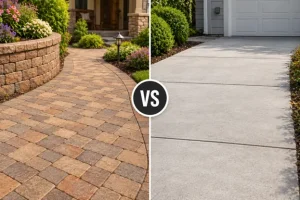 A side-by-side comparison of a brick paver walkway and concrete driveway shows how landscaping bricks can create a more patterned and decorative outdoor surface by Hawkins Landscaping.