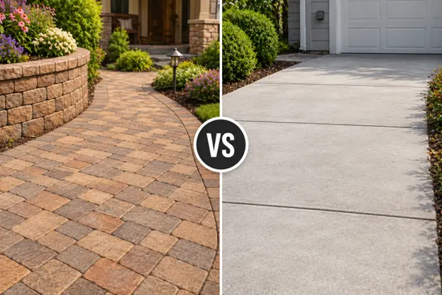 A side-by-side comparison of a brick paver walkway and concrete driveway shows how landscaping bricks can create a more patterned and decorative outdoor surface by Hawkins Landscaping.