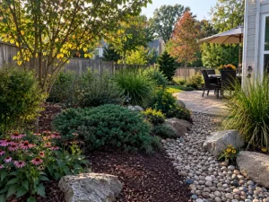 A curved stone walkway bordered by landscaped beds, flowering plants, shrubs, and pathway lighting showcases natural walkway pavers ideas by Hawkins Landscaping.