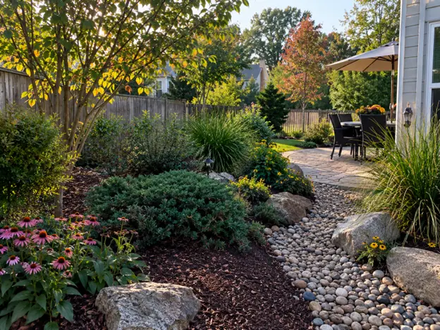 A curved stone walkway bordered by landscaped beds, flowering plants, shrubs, and pathway lighting showcases natural walkway pavers ideas by Hawkins Landscaping.