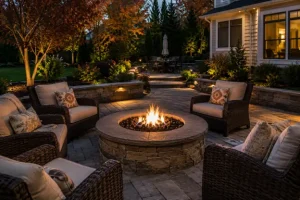 A stone patio with fire pit, comfortable seating, landscape lighting, and autumn plantings creates a warm outdoor gathering space by Hawkins Landscaping.