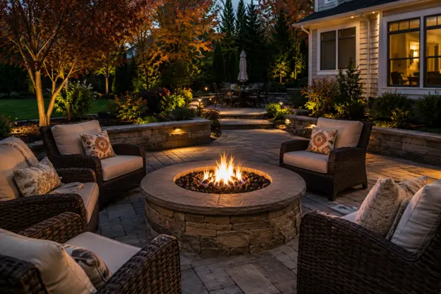 A stone patio with fire pit, comfortable seating, landscape lighting, and autumn plantings creates a warm outdoor gathering space by Hawkins Landscaping.
