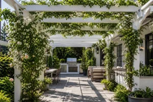 A white pergola covered with climbing plants and vines creates a shaded outdoor dining and seating area, showcasing pergola ideas by Hawkins Landscaping.