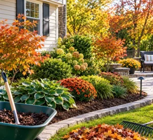 Landscaping ideas featuring a colorful fall garden with flowering plants, mulch, stone edging, and a well-maintained lawn by Hawkins Landscaping.