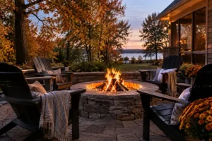 A stone fire pit surrounded by Adirondack chairs on a paver patio, with autumn foliage and sunset views, showcases fire pit services by Hawkins Landscaping for cozy October gatherings.