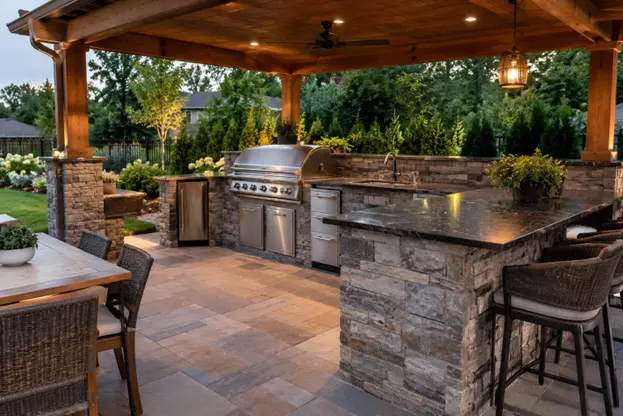 A covered outdoor cooking and dining area with a stainless-steel grill, stone countertops, bar seating, and warm lighting showcases a functional patio kitchen by Hawkins Landscaping for fall entertaining.