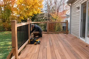 A contractor working on a wood deck installation, securing railing components with tools while surrounded by autumn trees, showcasing deck installation by Hawkins Landscaping.