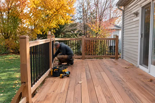 A contractor working on a wood deck installation, securing railing components with tools while surrounded by autumn trees, showcasing deck installation by Hawkins Landscaping.