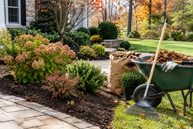 A wheelbarrow, rake, and bag of fallen leaves sit beside freshly mulched garden beds and a stone walkway, showcasing seasonal landscaping plans by Hawkins Landscaping before winter.