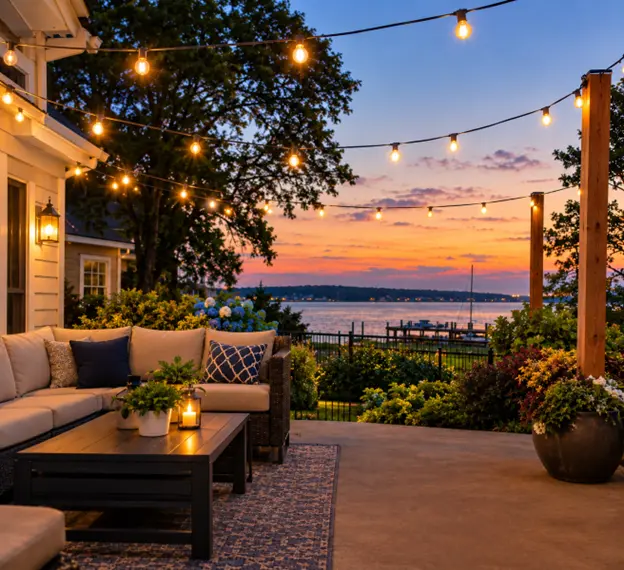 Warm patio lights illuminate a comfortable outdoor seating area with string lights, potted plants, and sunset views over the water, creating an inviting evening retreat by Hawkins Landscaping.