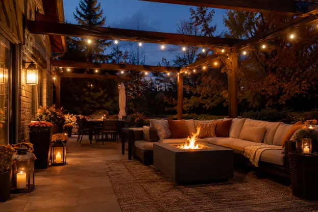 A covered patio with warm string lights, wall sconces, glowing lanterns, and a fire table creates a cozy outdoor retreat, showcasing patio lighting by Hawkins Landscaping for comfortable October evenings.