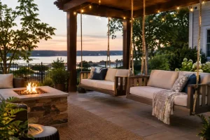 A covered outdoor living space with hanging swings, a fire pit, string lights, and waterfront views showcases a relaxing patio with swings by Hawkins Landscaping.