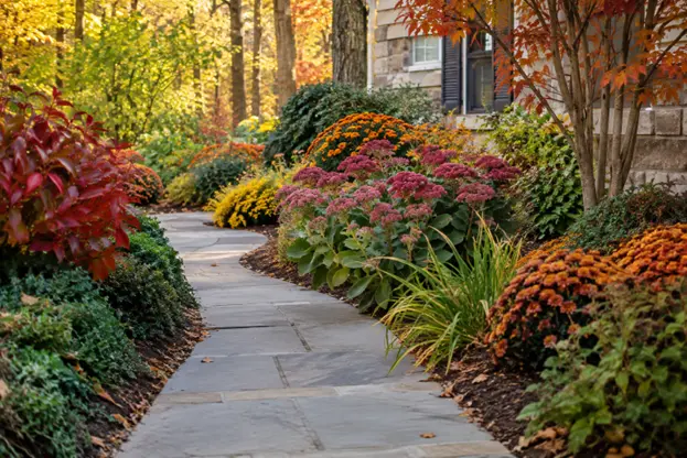 A curved stone walkway lined with colorful fall flowers, ornamental grasses, shrubs, and layered plantings showcases walkway border plants by Hawkins Landscaping.