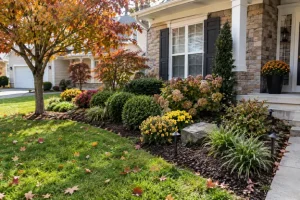Colorful fall mums, hydrangeas, ornamental grasses, and neatly mulched garden beds enhance a home's front yard, showcasing the seasonal landscaping work of landscaping contractors at Hawkins Landscaping.