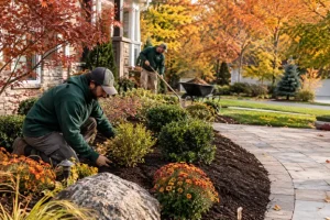 Two landscapers tend shrubs and refresh mulch in garden beds beside a curved stone walkway, showcasing local landscaping experts at Hawkins Landscaping preparing a residential yard for fall.